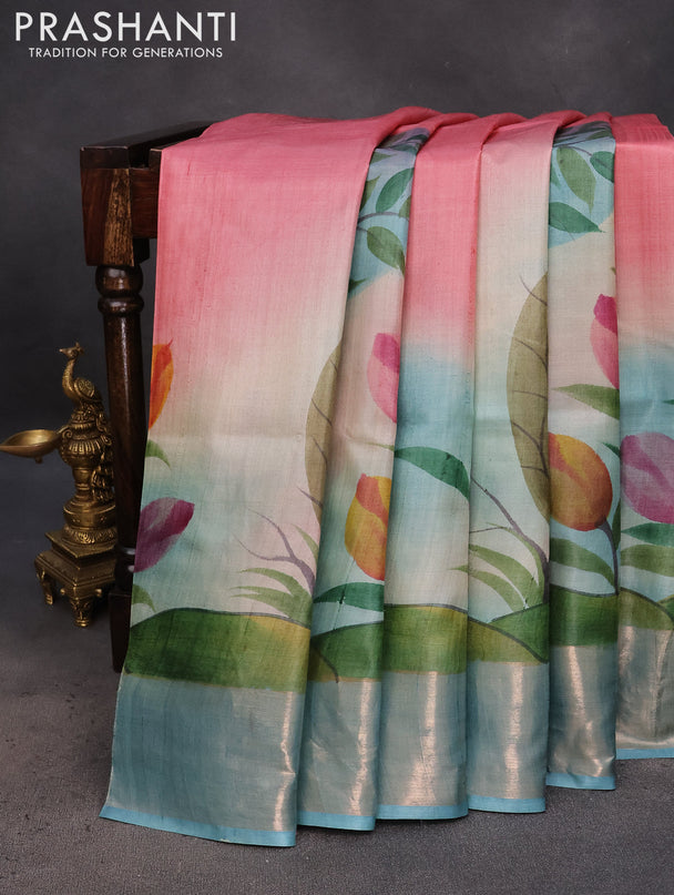 Pure tussar silk saree pastel blue with hand painted floral prints and zari woven border