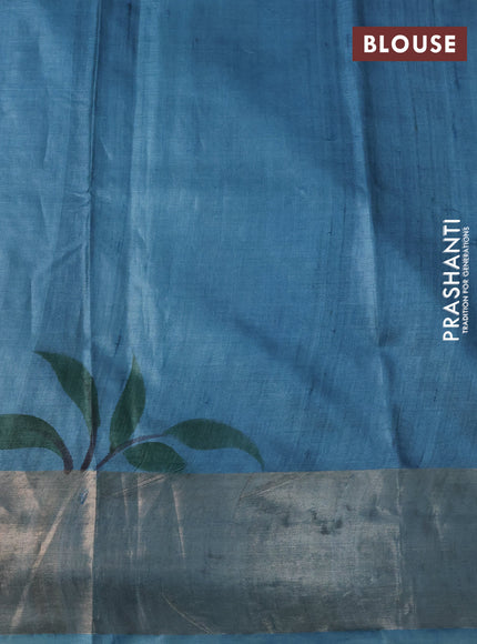 Pure tussar silk saree pastel blue with hand painted floral prints and zari woven border