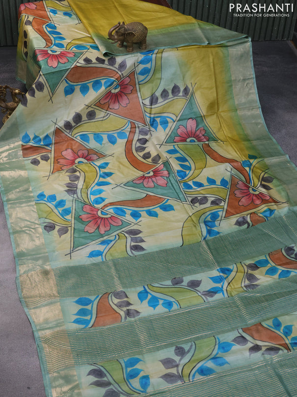 Pure tussar silk saree cream and pastel blue with allover hand painted prints and zari woven border