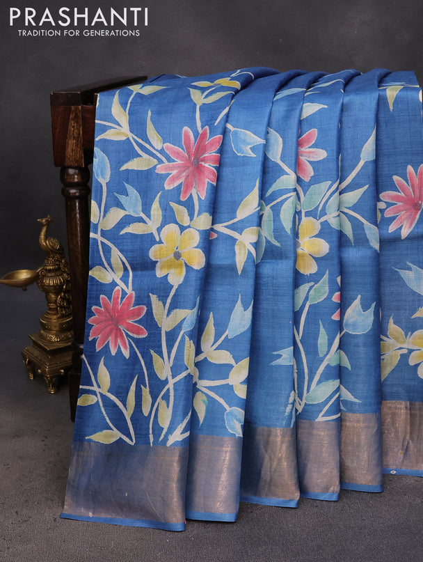 Pure tussar silk saree blue with hand painted floral prints and zari woven border