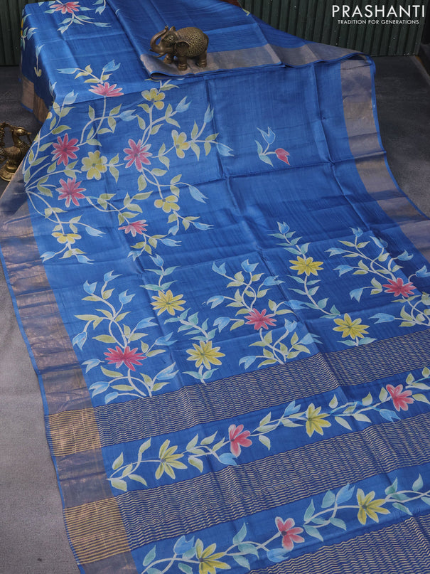 Pure tussar silk saree blue with hand painted floral prints and zari woven border