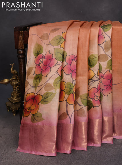 Pure tussar silk saree peach orange and pink shade with hand painted floral prints and zari woven border