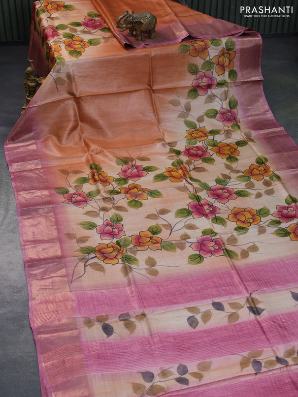 Pure tussar silk saree peach orange and pink shade with hand painted floral prints and zari woven border