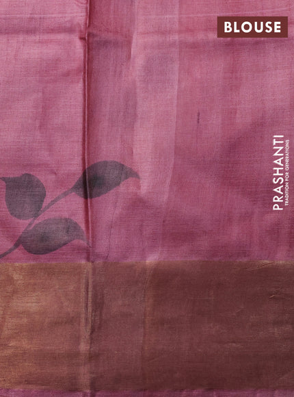 Pure tussar silk saree peach orange and pink shade with hand painted floral prints and zari woven border