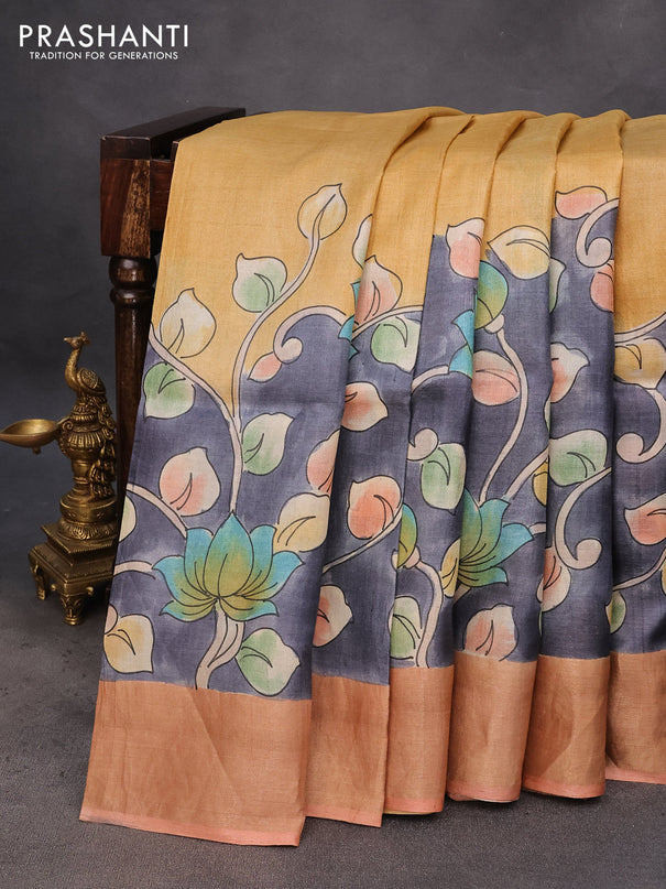 Pure tussar silk saree elephant grey and peach shade with hand painted kalamkari prints and zari woven border