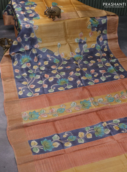 Pure tussar silk saree elephant grey and peach shade with hand painted kalamkari prints and zari woven border