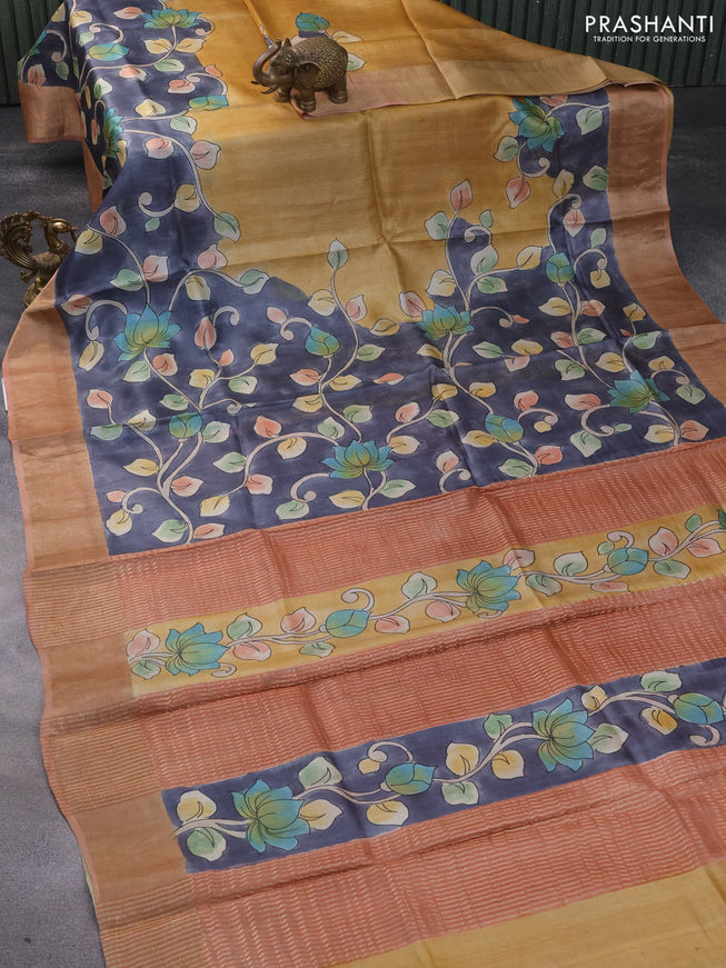 Pure tussar silk saree elephant grey and peach shade with hand painted kalamkari prints and zari woven border