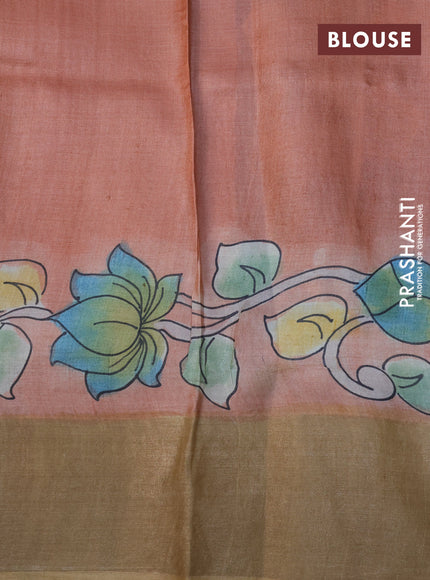 Pure tussar silk saree elephant grey and peach shade with hand painted kalamkari prints and zari woven border