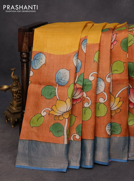 Pure tussar silk saree orange and blue with hand painted kalamkari prints and zari woven border