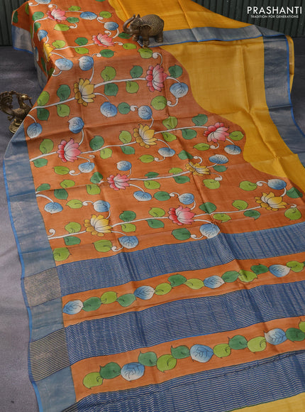 Pure tussar silk saree orange and blue with hand painted kalamkari prints and zari woven border