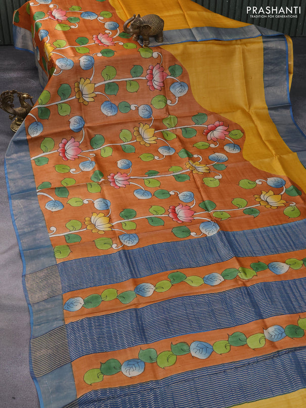 Pure tussar silk saree orange and blue with hand painted kalamkari prints and zari woven border