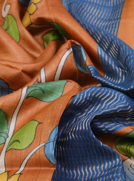 Pure tussar silk saree orange and blue with hand painted kalamkari prints and zari woven border