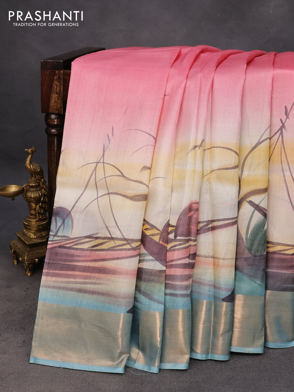 Pure tussar silk saree pink peach and light blue with hand painted prints and zari woven border