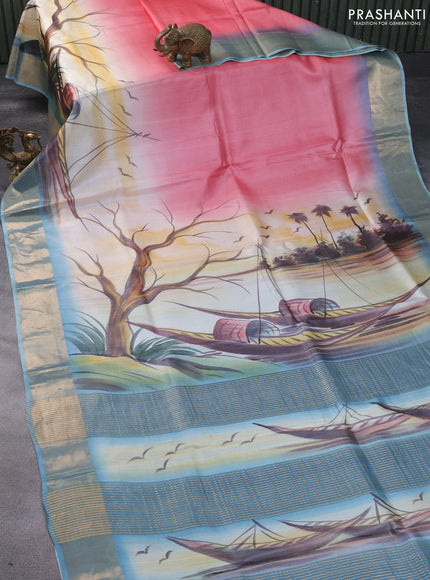 Pure tussar silk saree pink peach and light blue with hand painted prints and zari woven border