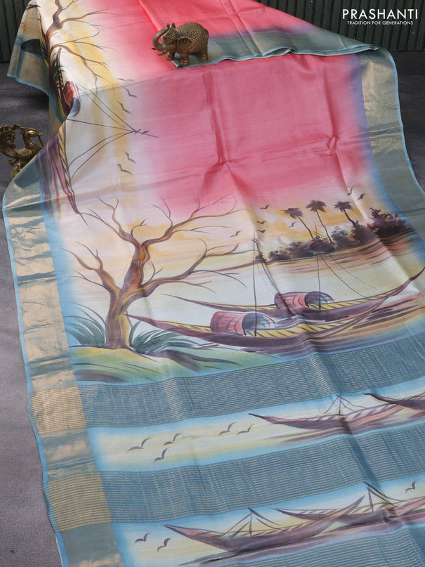 Pure tussar silk saree pink peach and light blue with hand painted prints and zari woven border