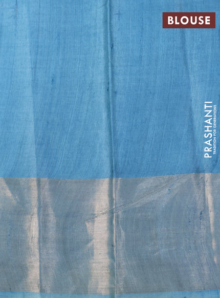 Pure tussar silk saree pastel green and blue with hand painted prints and zari woven border