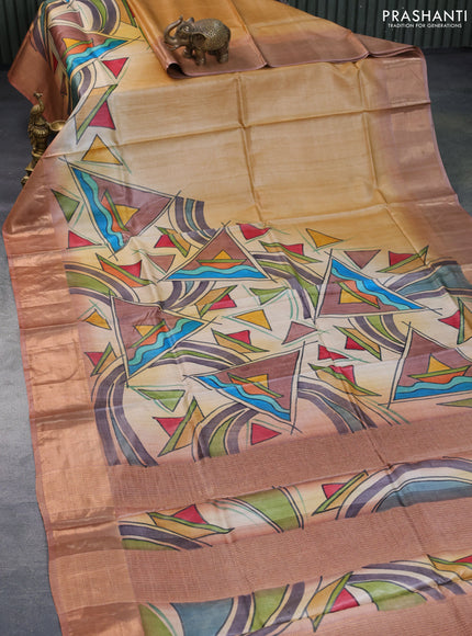 Pure tussar silk saree sandal and rust shade with hand painted prints and zari woven border