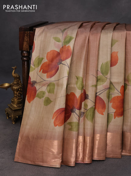 Pure tussar silk saree beige and brown with hand painted floral prints and zari woven border