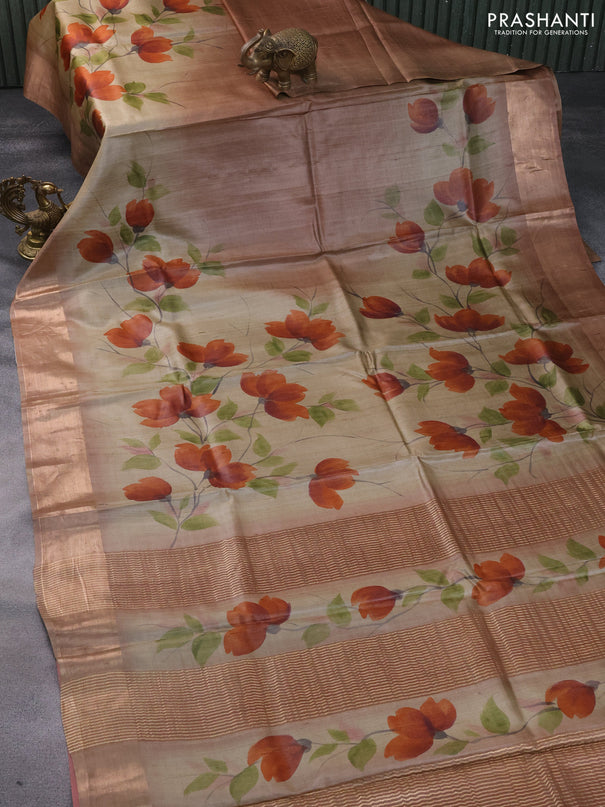 Pure tussar silk saree beige and brown with hand painted floral prints and zari woven border