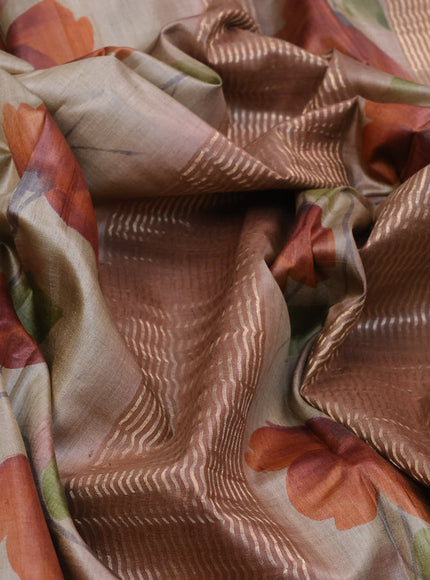 Pure tussar silk saree beige and brown with hand painted floral prints and zari woven border