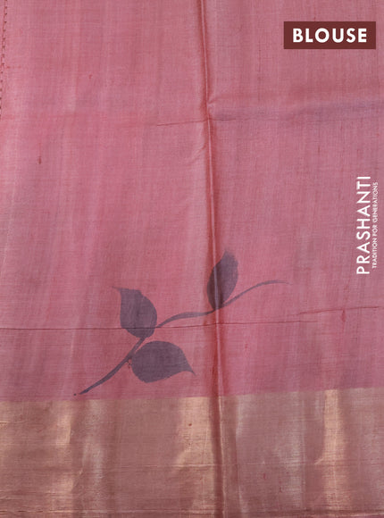 Pure tussar silk saree beige and brown with hand painted floral prints and zari woven border