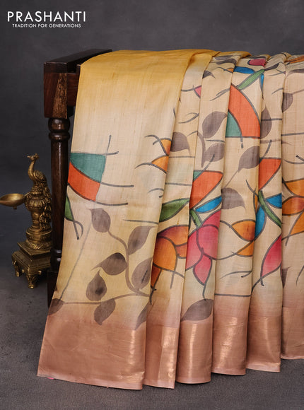 Pure tussar silk saree sandal and pastel brown with hand painted floral prints and zari woven border