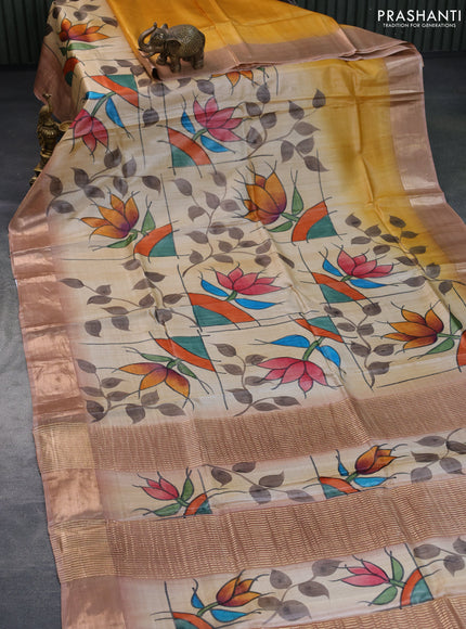 Pure tussar silk saree sandal and pastel brown with hand painted floral prints and zari woven border