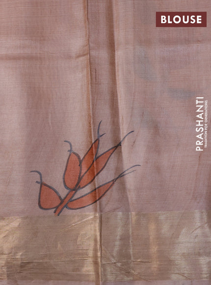 Pure tussar silk saree sandal and pastel brown with hand painted floral prints and zari woven border