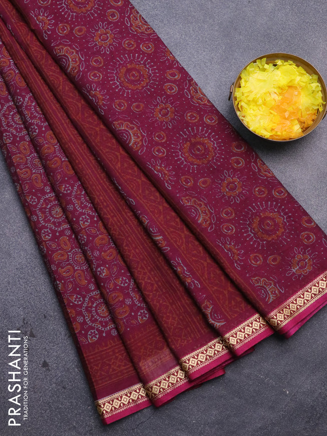 Muslin cotton saree magenta pink with allover ajrakh prints and thread woven border