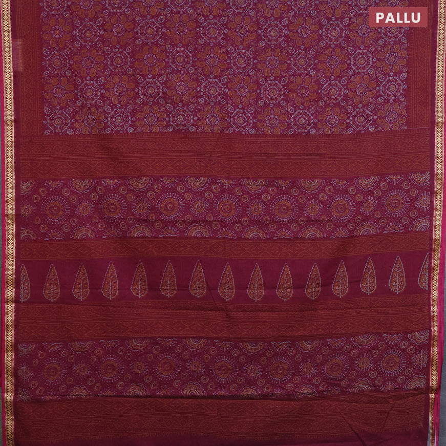 Muslin cotton saree magenta pink with allover ajrakh prints and thread woven border