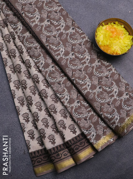 Muslin cotton saree beige and grey with allover floral butta prints and small zari woven border