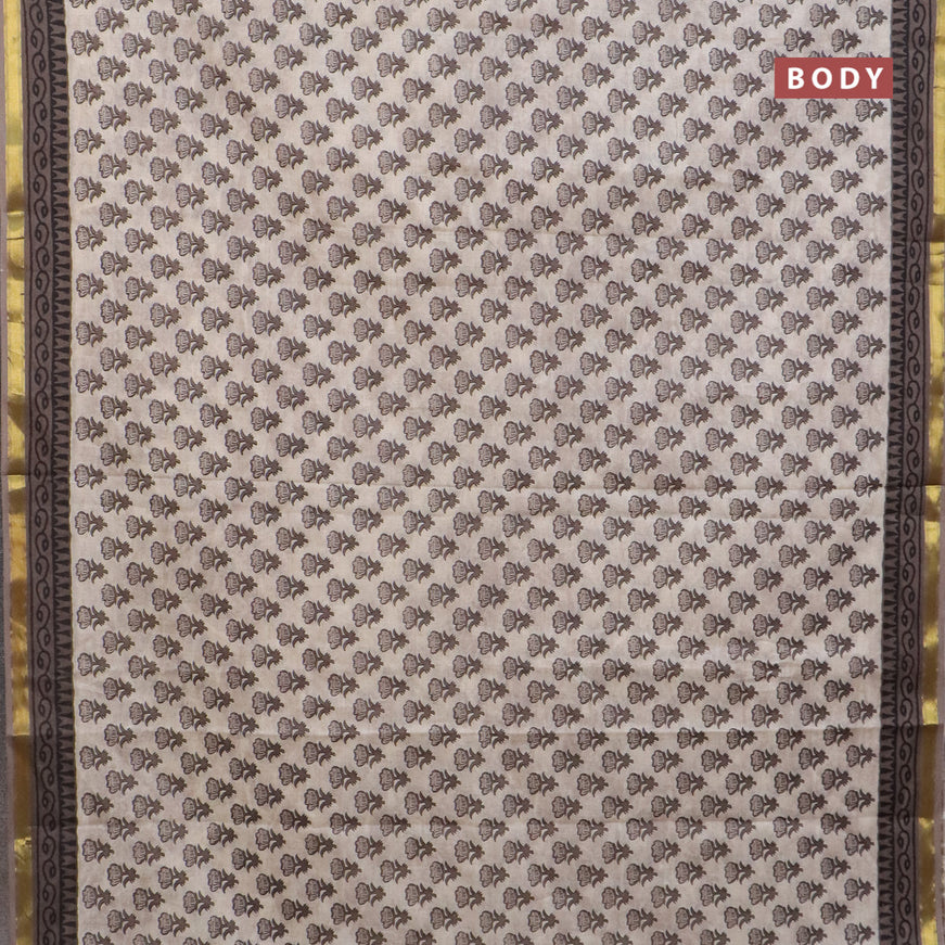 Muslin cotton saree beige and grey with allover floral butta prints and small zari woven border