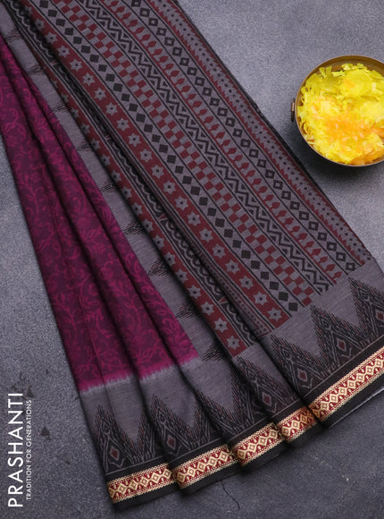 Muslin cotton saree purple and black with allover prints and thread woven border