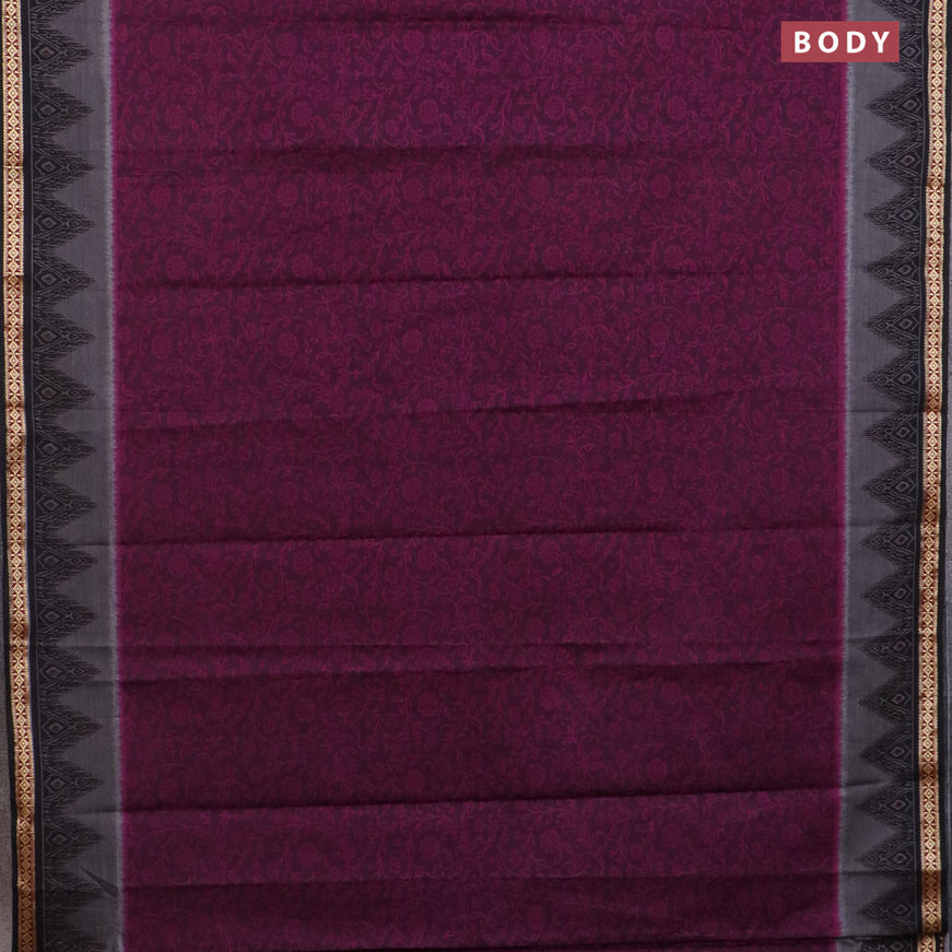 Muslin cotton saree purple and black with allover prints and thread woven border