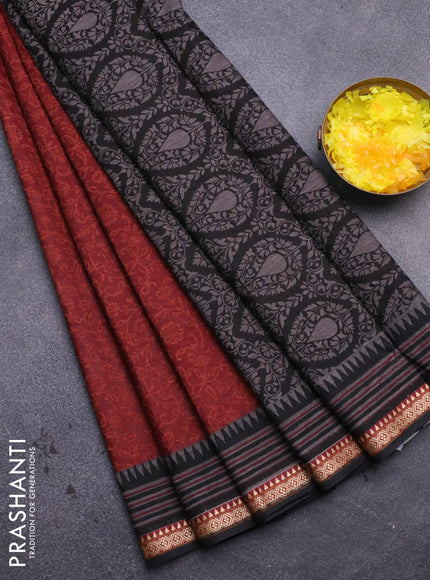 Muslin cotton saree maroon and black with allover prints and thread woven border