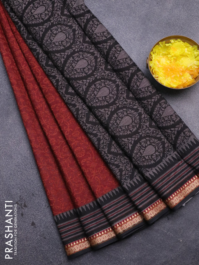 Muslin cotton saree maroon and black with allover prints and thread woven border