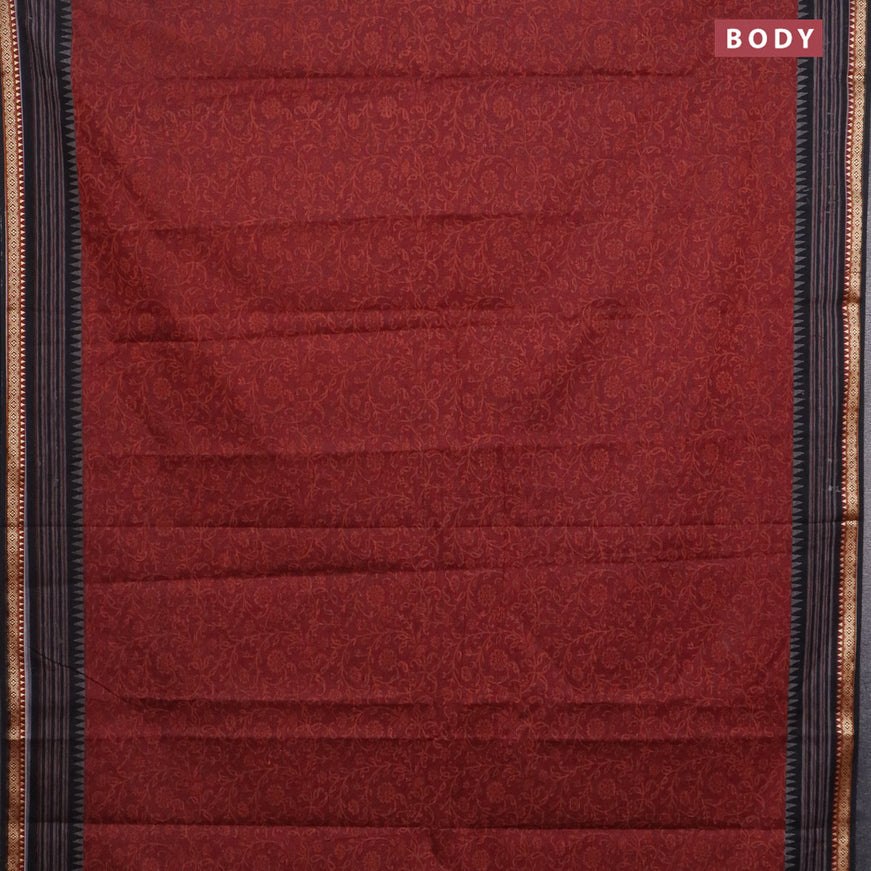 Muslin cotton saree maroon and black with allover prints and thread woven border