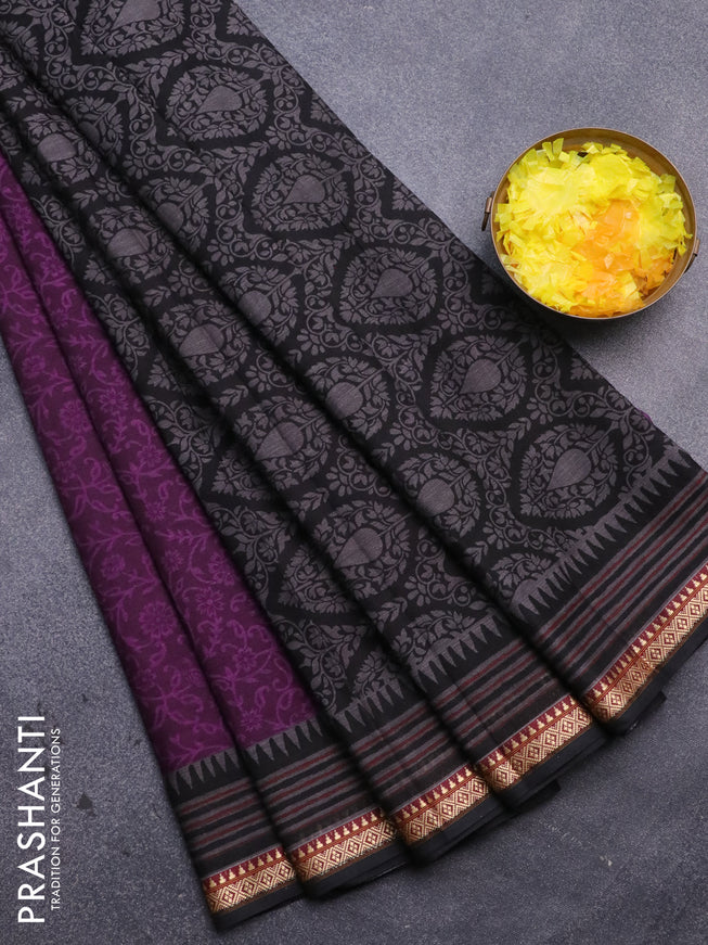 Muslin cotton saree deep purple and black with allover prints and thread woven border