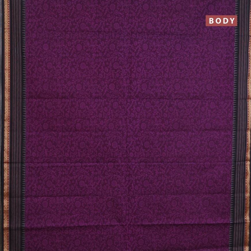 Muslin cotton saree deep purple and black with allover prints and thread woven border