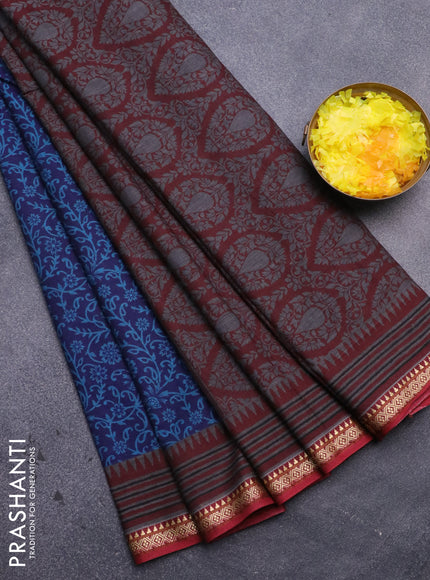 Muslin cotton saree blue and maroon with allover prints and thread woven border