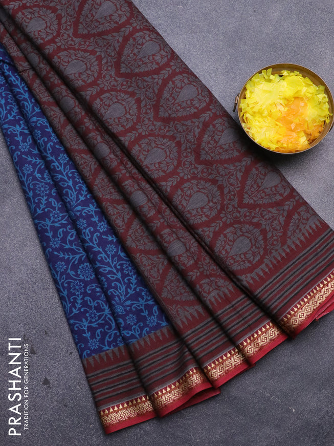 Muslin cotton saree blue and maroon with allover prints and thread woven border