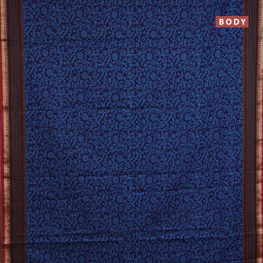 Muslin cotton saree blue and maroon with allover prints and thread woven border