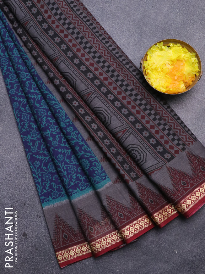 Muslin cotton saree dark blue and maroon with allover prints and thread woven border