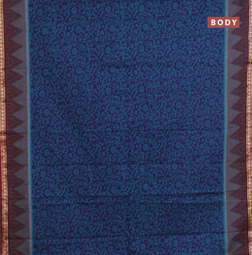 Muslin cotton saree dark blue and maroon with allover prints and thread woven border