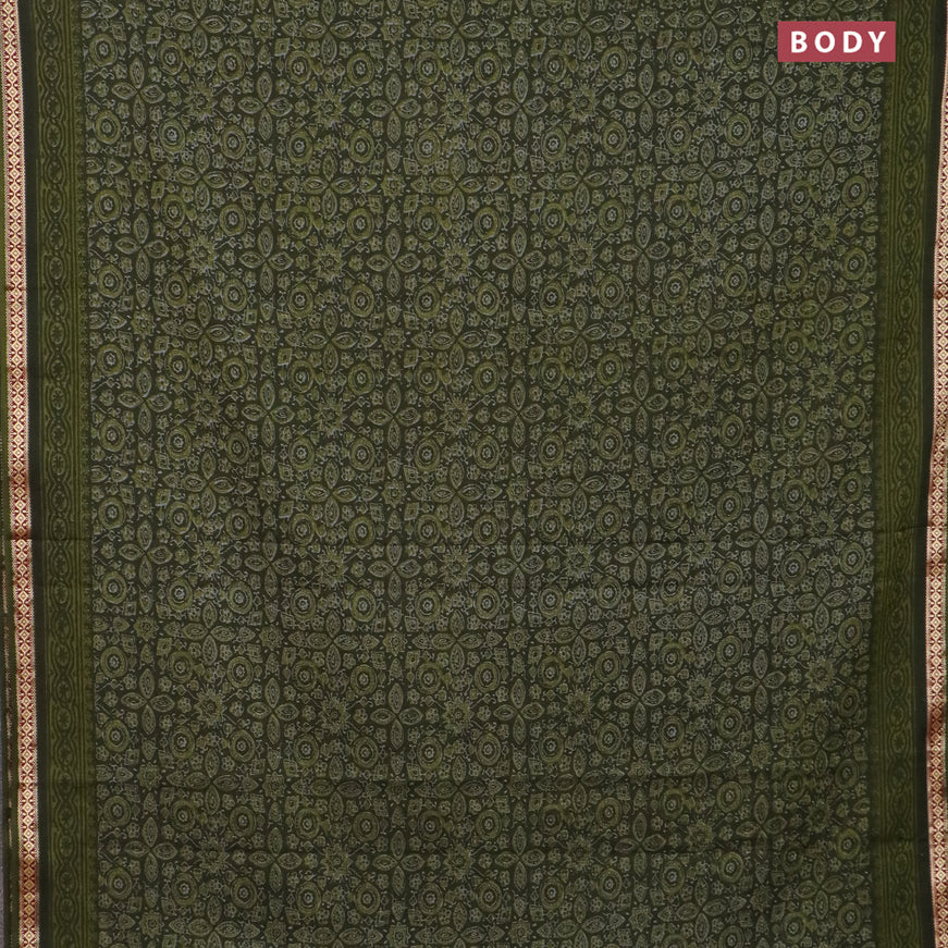 Muslin cotton saree sap green with allover ajrakh prints and thread woven border