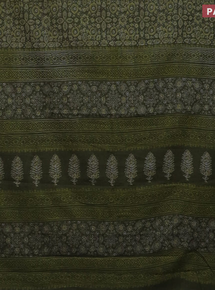 Muslin cotton saree sap green with allover ajrakh prints and thread woven border