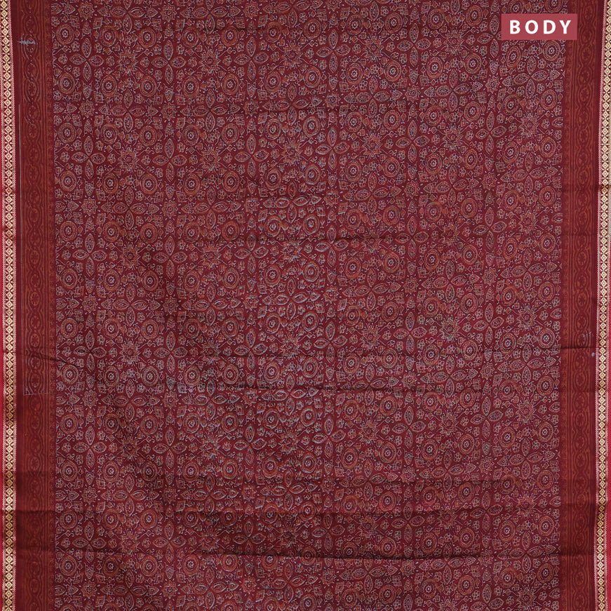 Muslin cotton saree maroon with allover ajrakh prints and thread woven border