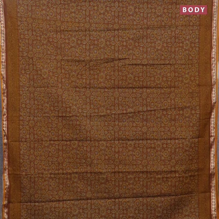 Muslin cotton saree dark mustard with allover ajrakh prints and thread woven border