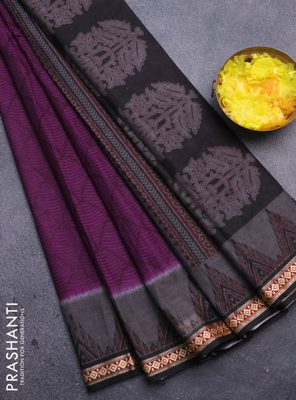 Muslin cotton saree purple and black with allover prints and thread woven border