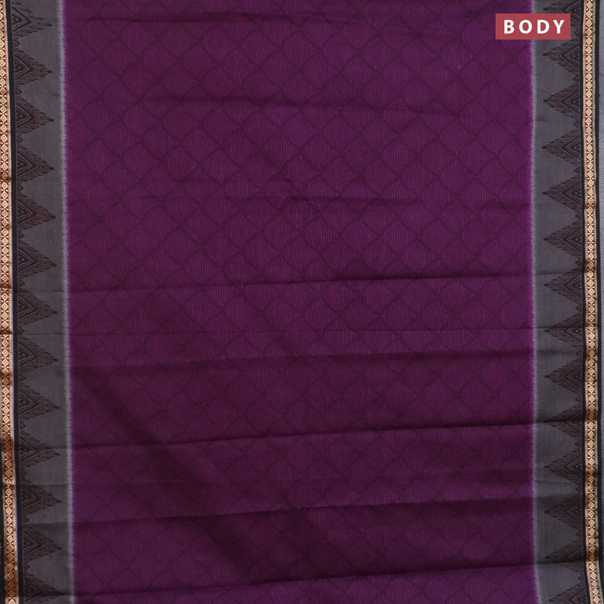 Muslin cotton saree purple and black with allover prints and thread woven border